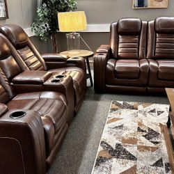 LH 👉$39 Down Payment  For Financing 👉Backtrack Brown Leather Power Reclining Sofa And Loveseat 