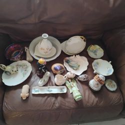 Two  Bins Full Of Figurines And Antique Plates Ect 
