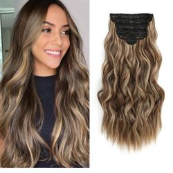 Highlight balayage dark brown Hairpieces, Natural & Blends Well Synthetic Clip in Hair Extensions (16inch, 6pcs, Chocolate Brown&Honey Blonde)