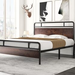Amolife King Size Modern Heavy Duty Metal Platform Bed Frame with Wood Headboard, Sanders