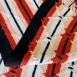 Handmade Knit Crochet Blanket Classic Navajo Diamond Stripe Pattern w/Fringe 88"