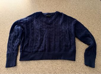 Navy Blue Cable Knit Crop Sweater