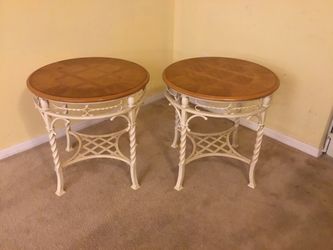 2 Round Wrought Iron and Wood End Tables