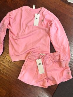 Alo Pink Crewneck Sweatshirt and Shorts Set