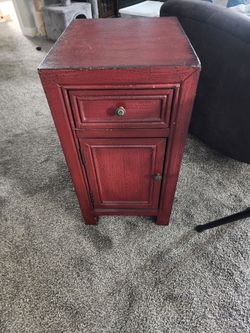 Red Distressed Wood Side Table with Drawer and Cabinet