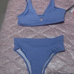 Womens Medium Large Blue Ribbed Bikini Swimsuit Set 