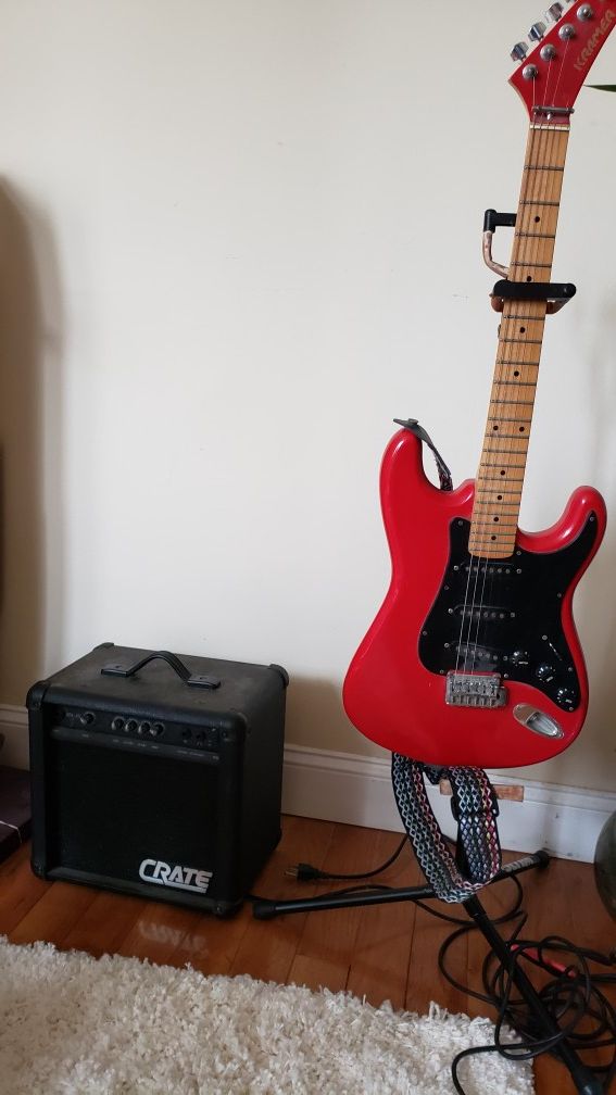 Kramer electric guitar, Crate amp, Ultra stand