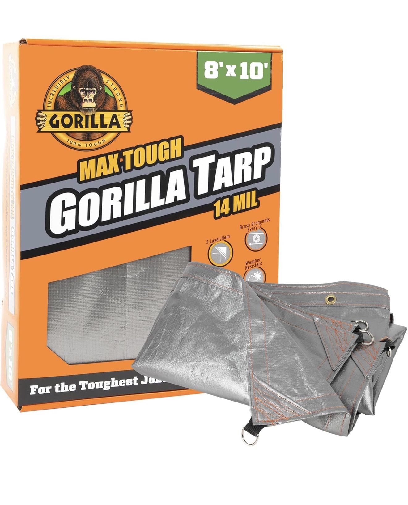 Gorilla Max Tough Tarp 8x10 ft Heavy-Duty 14 MIL Poly, 16x16 Weave, UV Treated, Triple Layer Hems, Brass Grommets Every 3 ft, D-Ring Corners, Tear & W
