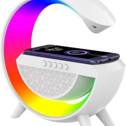 Table Lamp with Bluetooth Speaker, G Bedside Lamp with 15W Wireless Charger, Atmosphere Desk Lamp with Alarm Clock, RGB Bedside Nightstand Lamp, Hi-Fi