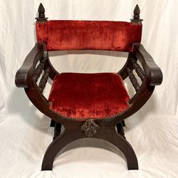Vintage Spanish Revival Savonarola Chair — Carved Wood Curved X Frame Chair With Red Upholstery