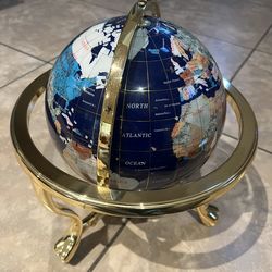13" Tall Blue Lapis Ocean Gemstone Globe & Tripod Gold Stand & Compass