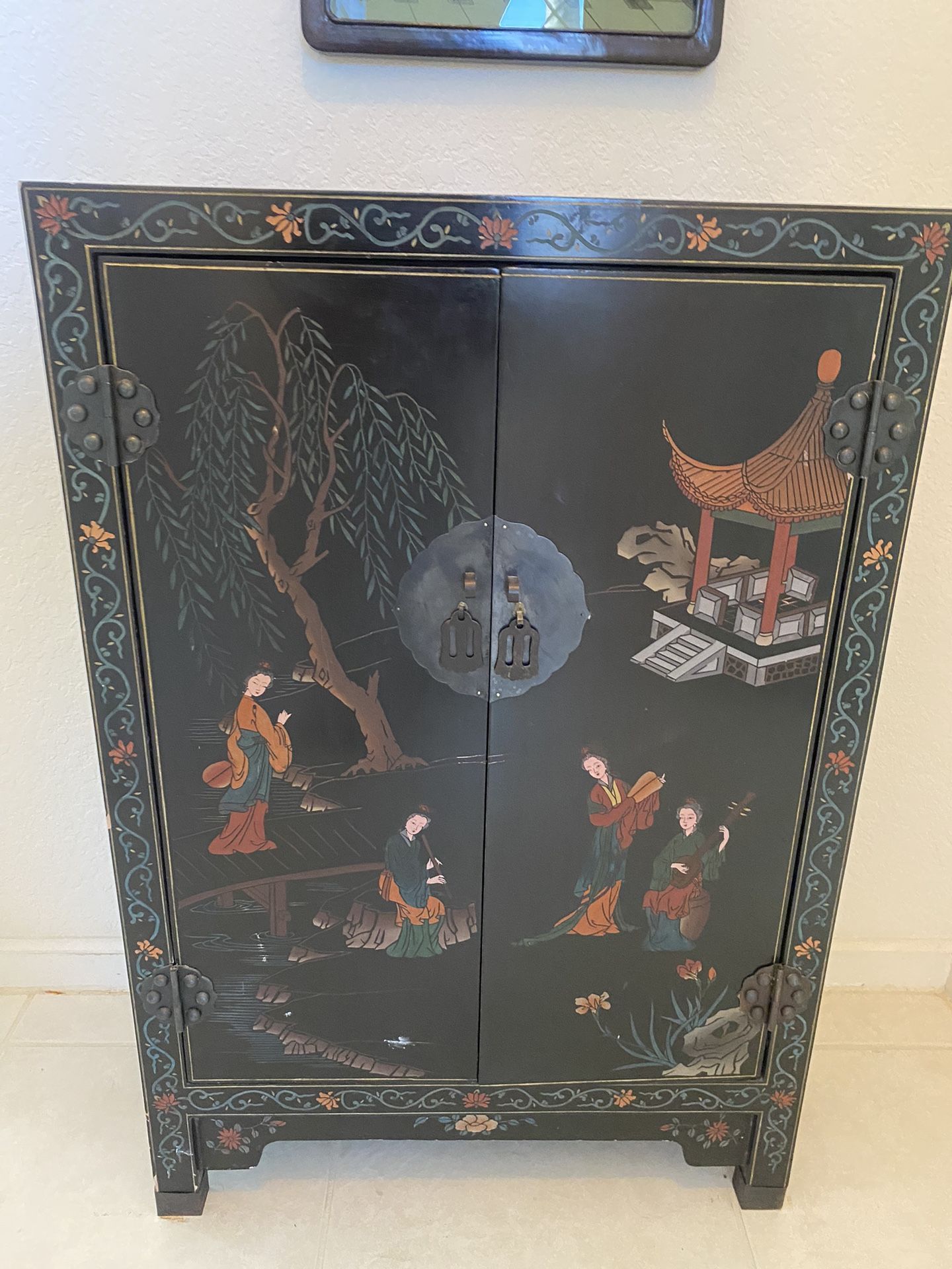 Early 20th Century Hand-Painted Chinese Black Lacquer Two-Door Cabinet