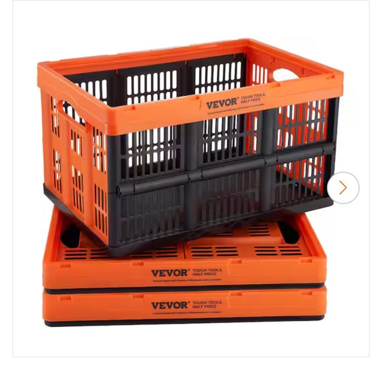 BRAND NEW IN BOX VEVOR Plastic Collapsible Storage Basket 45L Folding Stackable Storage Containers/Bins with Handles (Orange and Black 3-Pack)