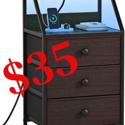HD014BN-1 Nightstand with Charging Station and Led Light, Tall Brown Bedside Table with 3 Fabric Drawers and 2-Tier Storage Shelves, Modern Night Stan