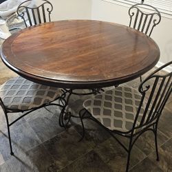 High End Heavy Round Wood & Wrought Iron Dining Table with 4 Matching Upholstered Chairs 