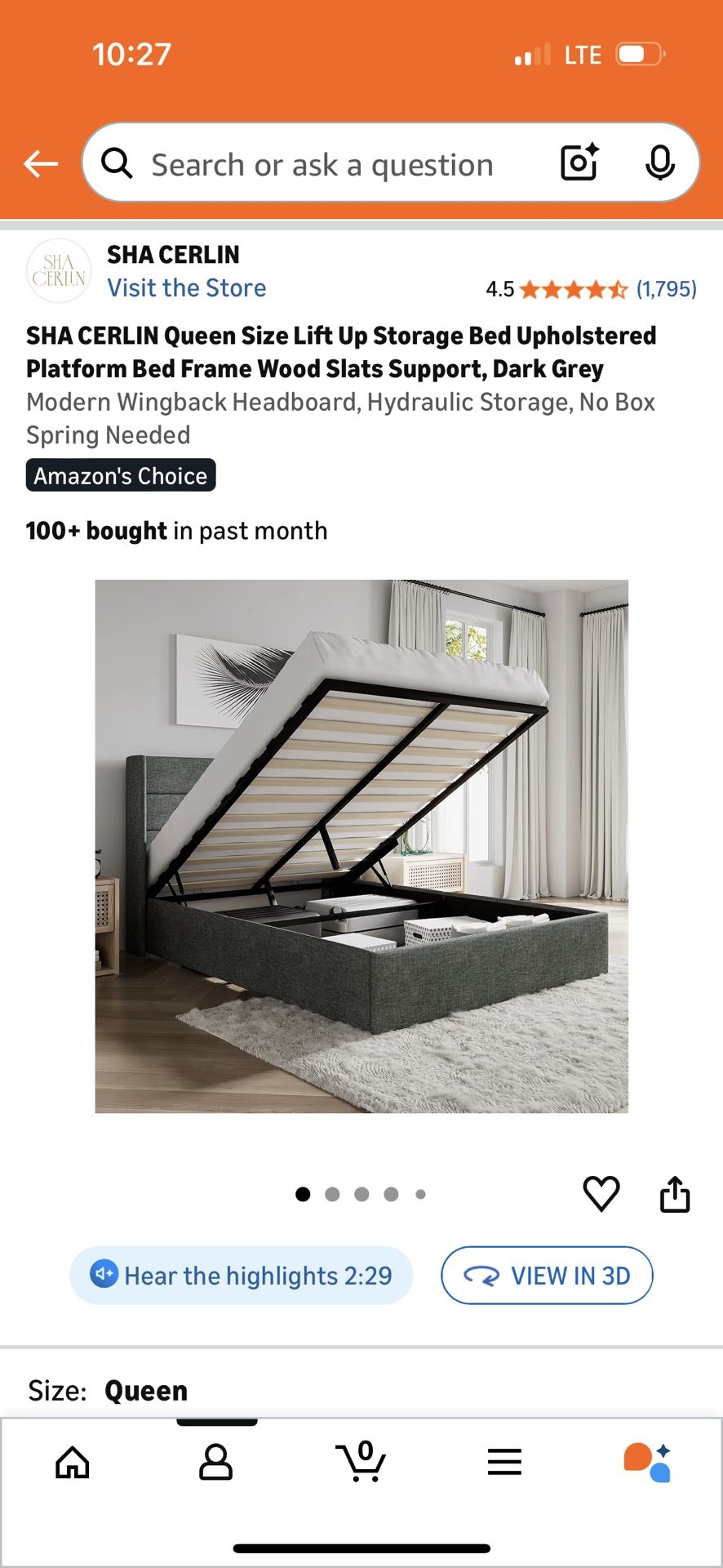 Queen Size Bed Frame With Hydraulic Storage 