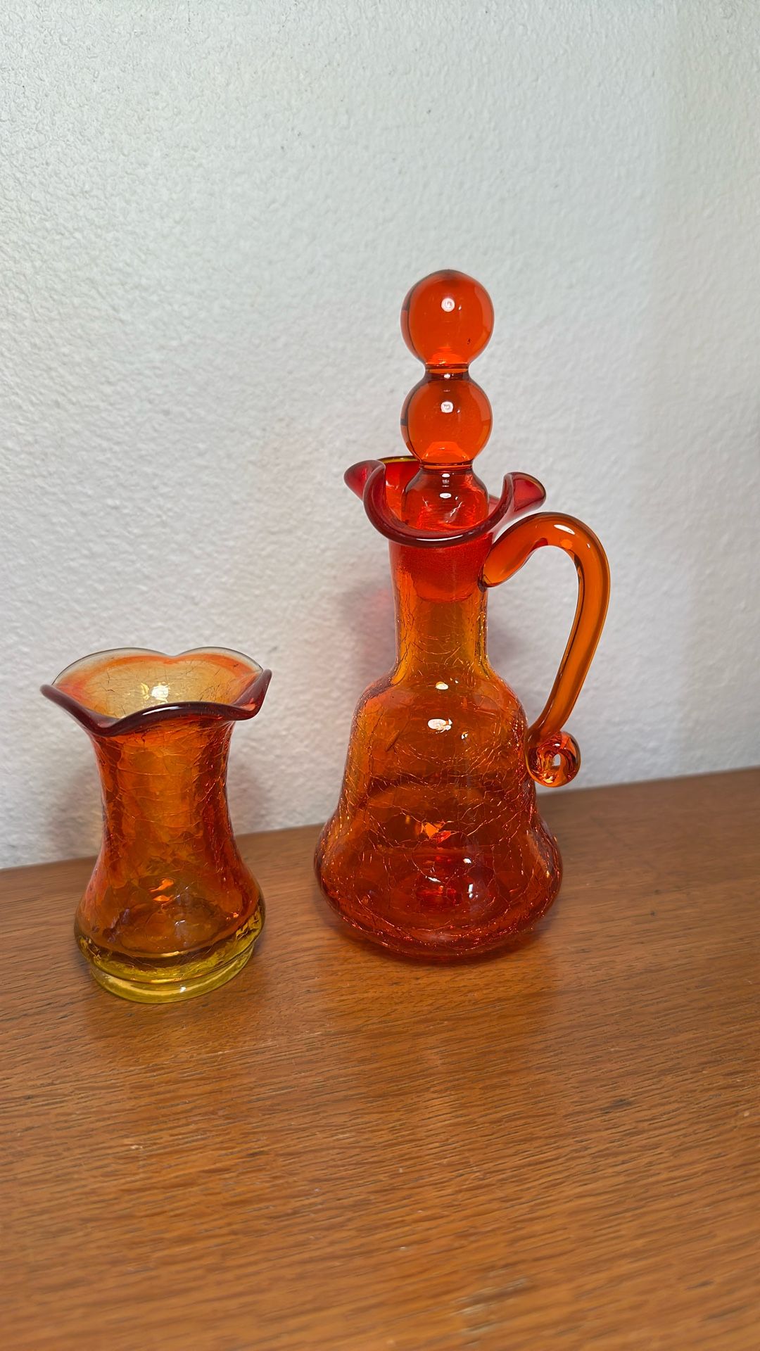 Vintage Viking Brand , Amberina Crackle Glass Cruet / Orange & Yellow Crackle Glass Minature Vase