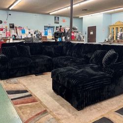 Brand New Super Plush Black Corduroy Pullout Sectional 
