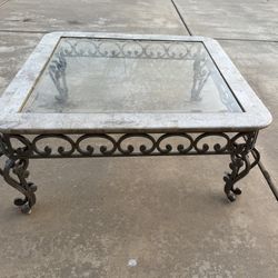 Square Coffee Table Wrought Iron Base, Marble & Glass Top. 38”x38”x16” In Great Condition! 