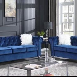 Brand new Royal Blue Velvet Tufted Vintage GLAM  Inspired Sofa Loveseat Set FINANCING AVAILABLE  hablo Español