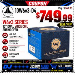 JL Audio W6 Bass Speaker 1200 Watts 10" Dual Voice Coil Subwoofer 10W6v3 10W6v3-D4 🚨 Payment Options Available 🚨