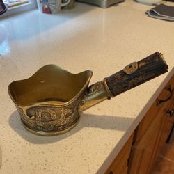 Antique Brass Ladle, Chinese, Silk Pan Iron, Wooden Handle With Brass.