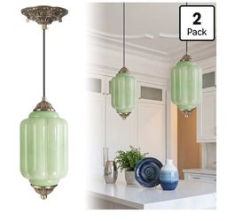 Gerrii 2 Pack Vintage Milk Glass Pendant Lights 5.5? Green Brass Ceiling Hanging Light Fixtures Antique Pendant Lighting For Kitchen Island, Dining Ro