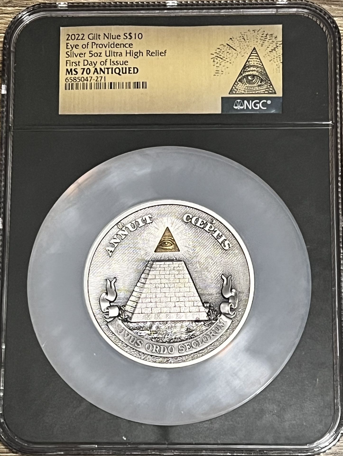 2022 Niue Eye of Providence, Gold Gilded • All Seeing Eye First Day of Issue Label • 5 oz Fine Silver Ultra High Relief • NGC MS70 Antiqued