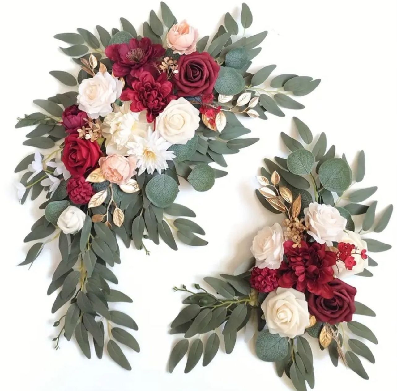 White and red / burgundy rose & Eucaliptus Garland, Faux Flowers