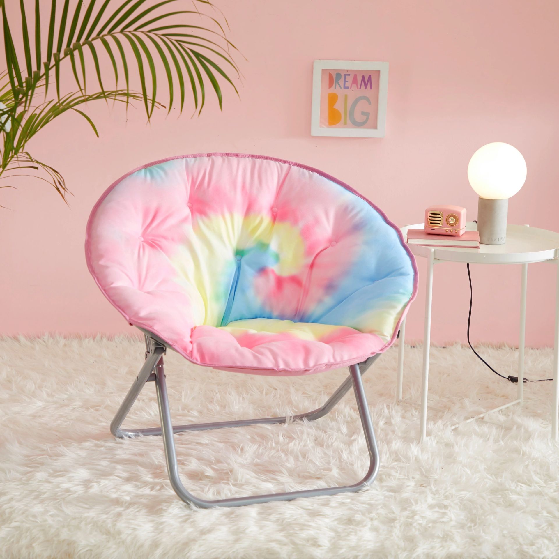 Justice Oval Oversized Faux Fur Saucer Chair with Holographic Trim, Multiple Colors Pink - 