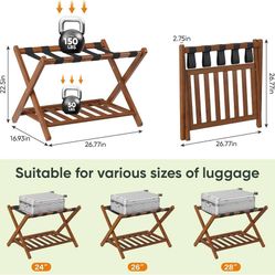 Set of 2 Smart FENDEE Fully Assembled Walnut Luggage Racks, Foldable Suitcase Stand with Storage Shelf, Bamboo Luggage Holders for Guest Room, Bedroom