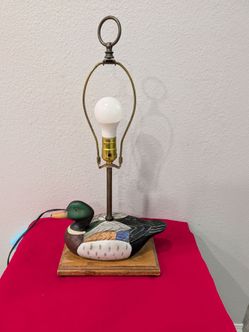 Mallard Duck Ceramic Hand Painted Decoy Lamp on Wood Base, Brass Fittings