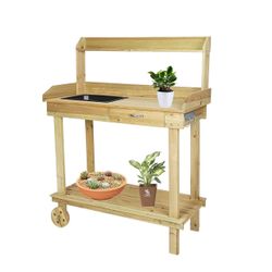 Wood Potting Bench Work Station Table with Tabletop Removable Sink