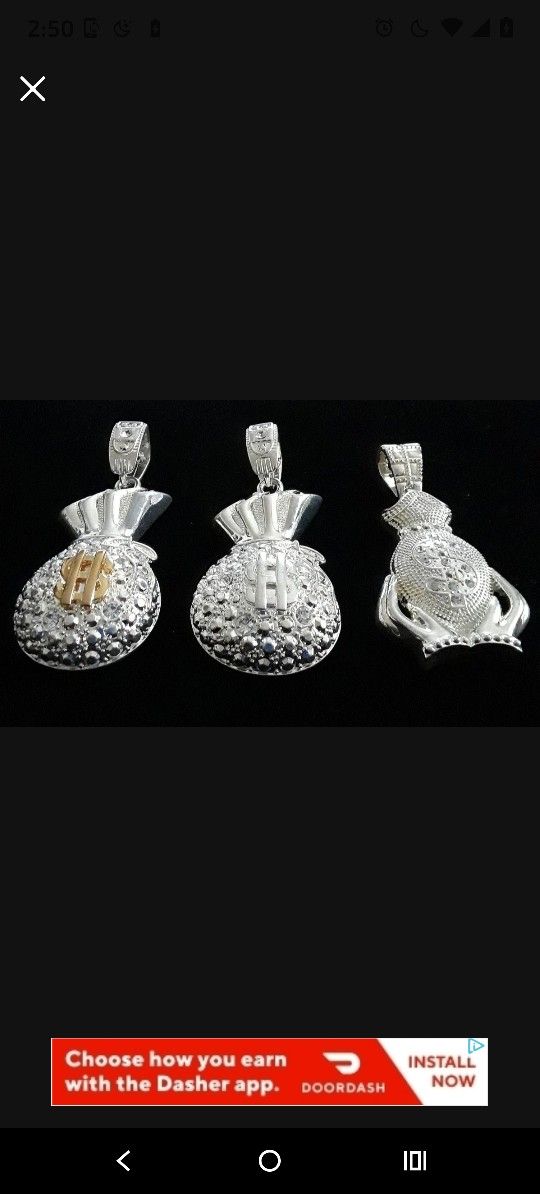 3 different Money Bag silvertone pendants. I will include a free chain with each pendant purchased. Brand new ONLY $30 EACH. Pick one!