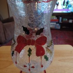 CHRISTMAS VINTAGE HAND PAINTED CRACKLE GLASS CANDLE HOLDER