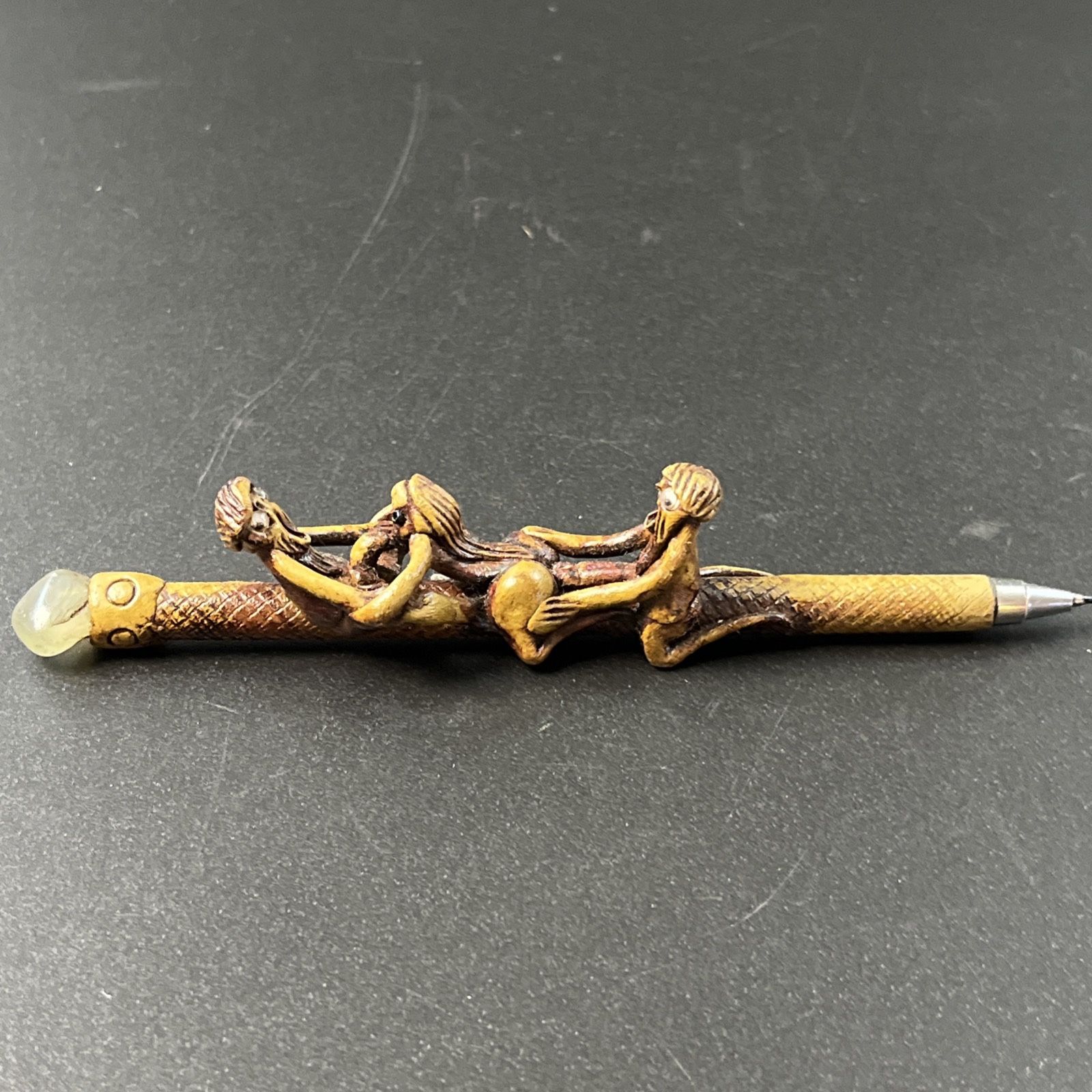 Vtg Molded Clay Erotica Naughty Writing Pen Man Cave Gift Carved W/Stone Adult