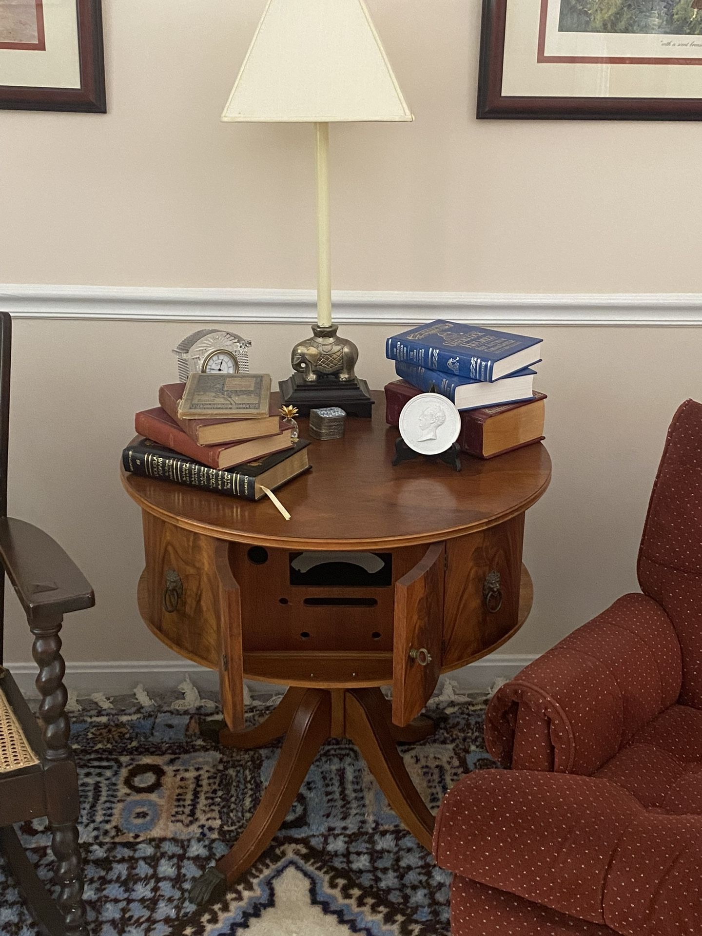 For Sale: 1930s English-Style Mahogany Pedestal Table – Originally a Radio Cabinet