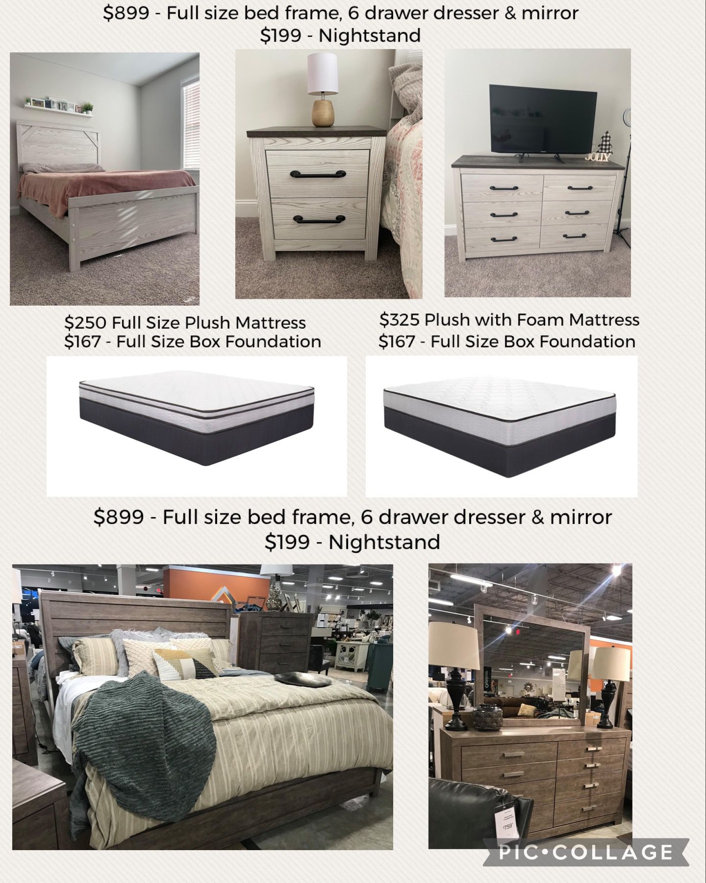 Full Size Bedroom And Mattress Sets - Pricing Shown On Photo 