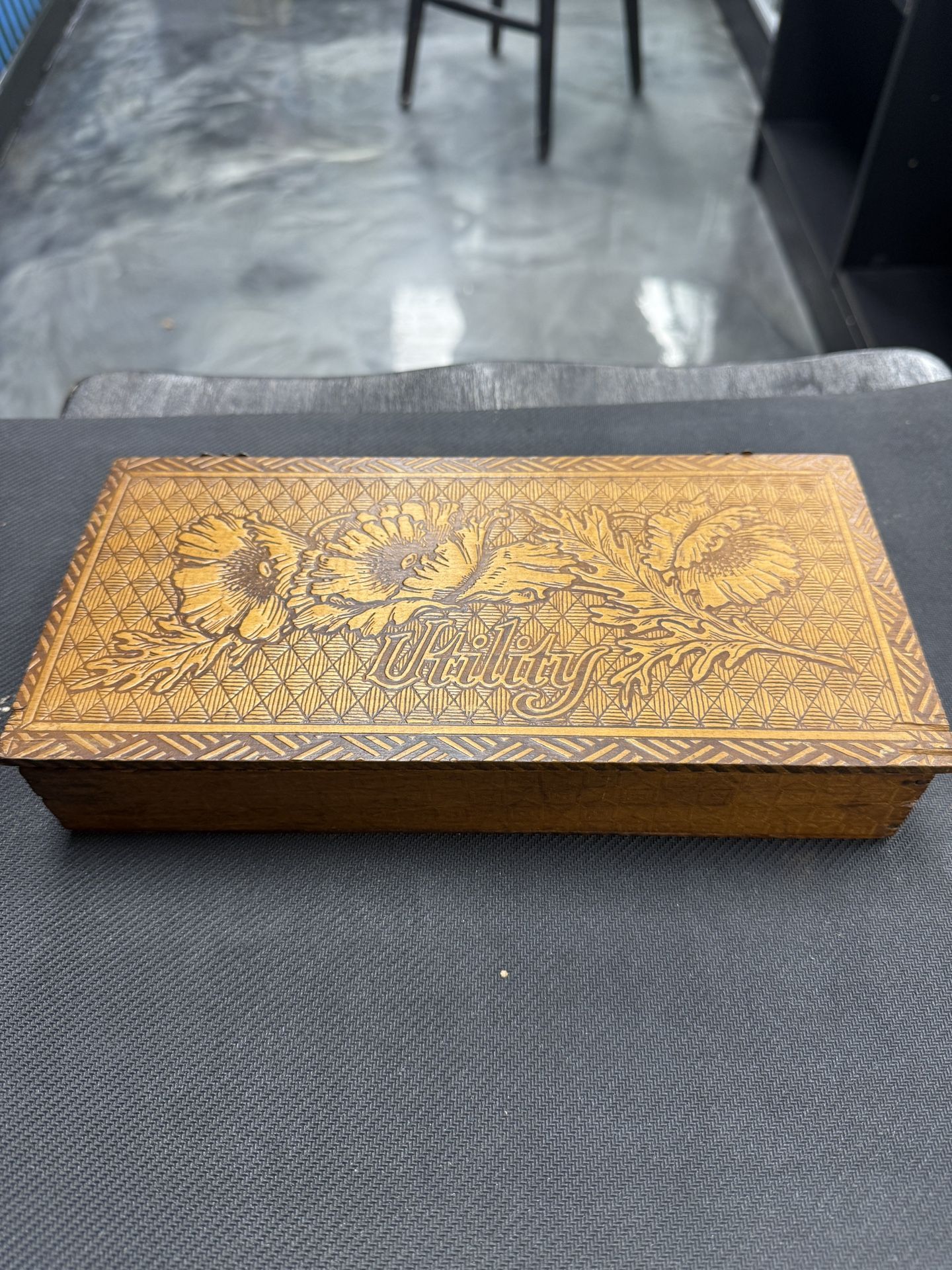 Antique Art Nouveau Utility Box – Pyrography Poppy Design – Flemish Arts & Crafts Era