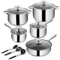 New 13 Pc Stainless Steel Cookware Pots Pan Glass Lids