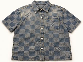 Denim Checkered Short Sleeve Button-Up Shirt