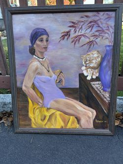 Vintage Signed Framed Oil on Canvas Painting of Woman Cat and Flowers Signed L. Hirsh? 22” x 26”