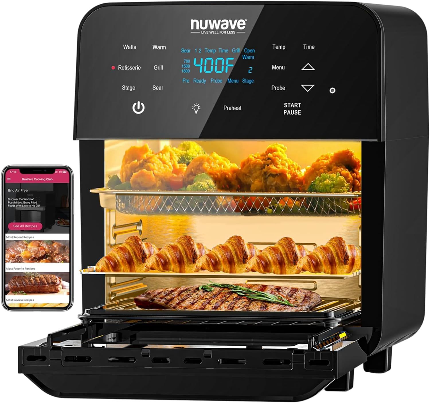 Nuwave Brio 15.5Qt Air Fryer Rotisserie Oven, X-Large Family Size, Powerful 1800W, 4 Rack Positions, 50°-425°F Temp Controls, 100 Presets & 50 Memory,