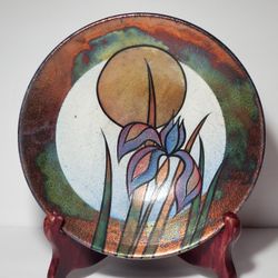 Braemar Raku Pottery Bowl Handmade Metallic Blue Flower