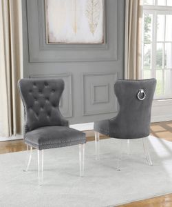 New Gray Velvet Dining Chairs Set Of 2 With Acrylic Legs