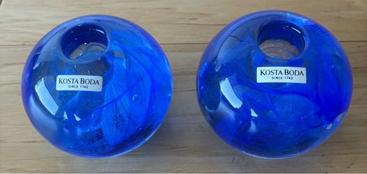 2 Kosta Boda swirl blue round glass ball candle holders, new.