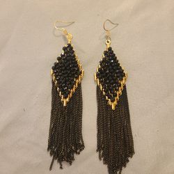 New. Windsor. Black And Gold Beaded With Chains Dangle Earrings. 