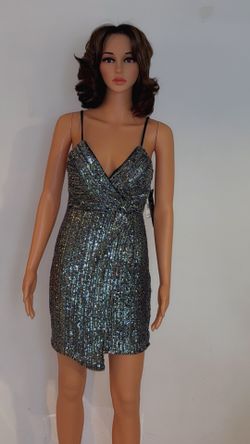 TRIXXI Womens Faux Wrap Short Dress Black Sequined Spaghetti Strap Surplice Neckline Party Solid Juniors Size 1