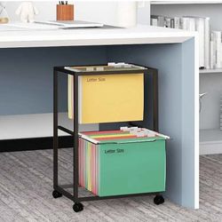 0603: New 2 Tiers Metal Rolling File Carts with Wheels Hanging Files for Letter Size Movable Pull-Out File Folder Rack Drawer File Cabinet for Home Of