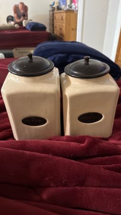 Stoneware sugar, and coffee decanters